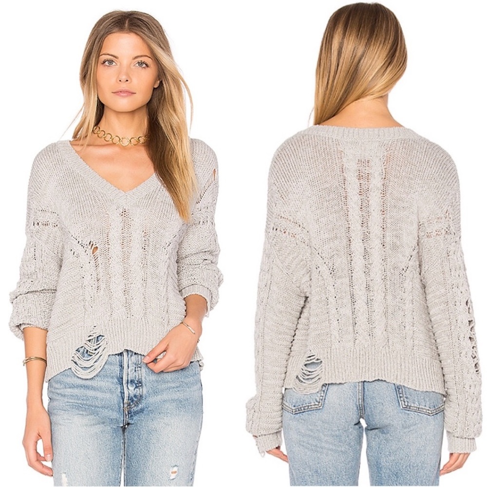 WILDFOX Nancy grey cable knit v-neck distressed sweater